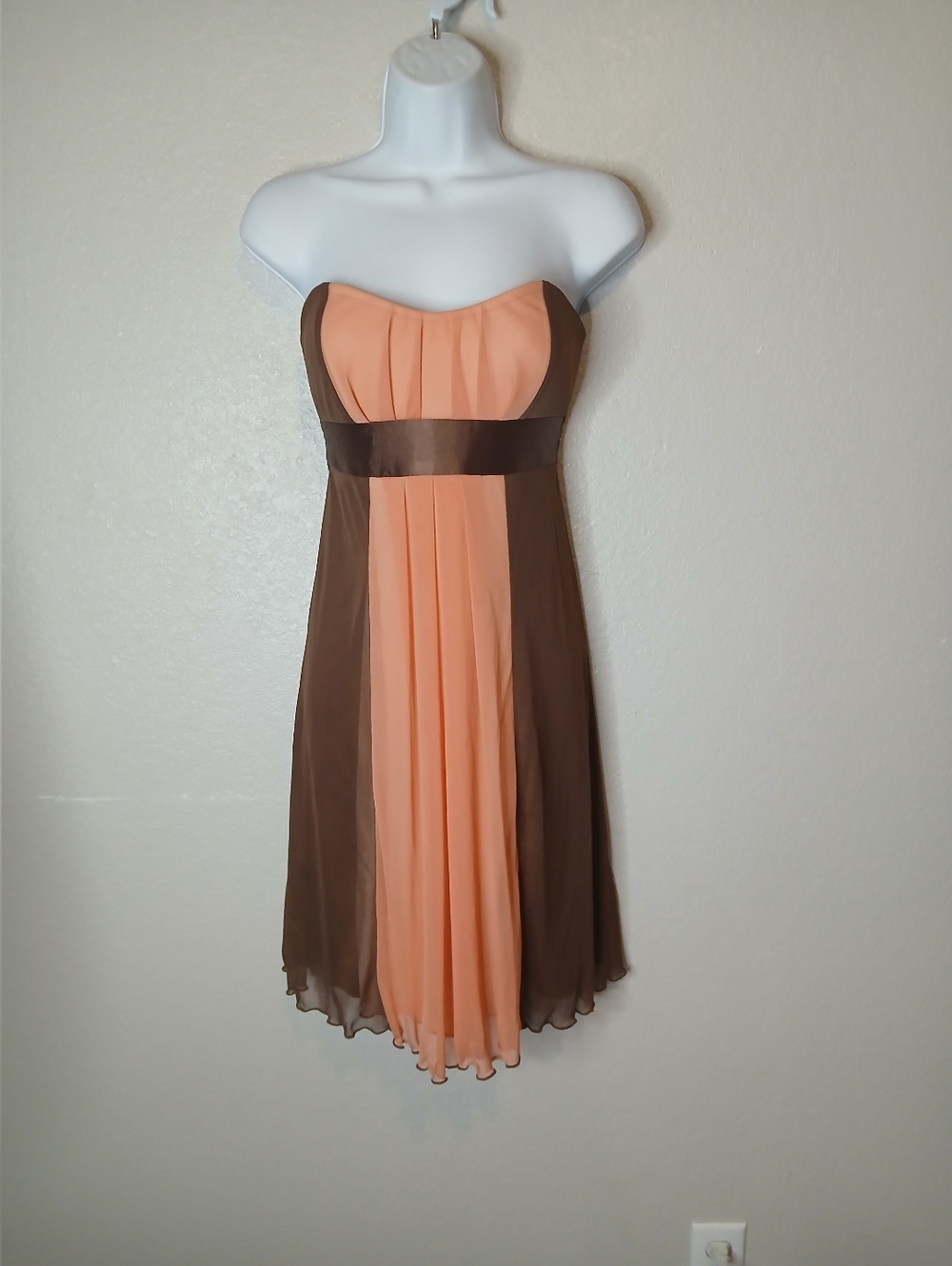 💚5/$25 Speechless Strapless Chiffon Peach & Brown Pleated Cocktail Party Dress
